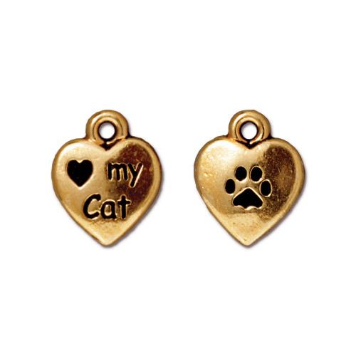 TierraCast Pewter 22kt Gold Plated Love my Cat 10mm Heart Charm x1