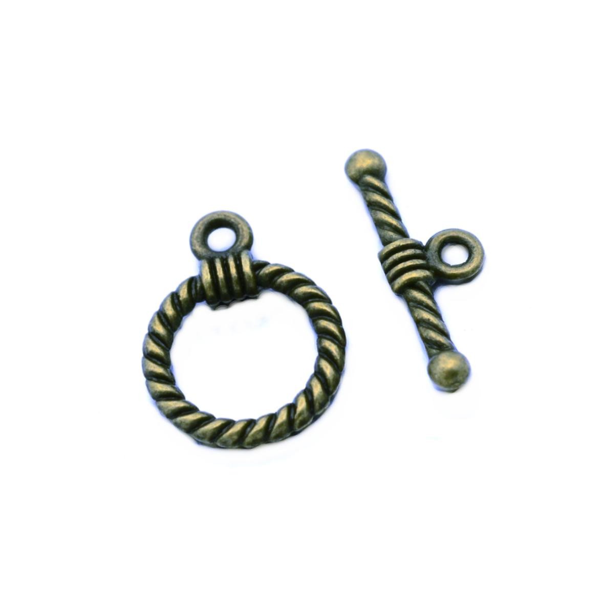 Antique Brass Bronze Boho Gold, Twisted Wire Bali Style Toggle Clasp, 19x14mm Ring, 20mm Bar, x10 clasp sets 