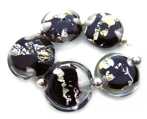 SOLD - Artisan Glass Lampwork Beads ~ Black with Foil ~ Encased Lentil Set - Ian Williams