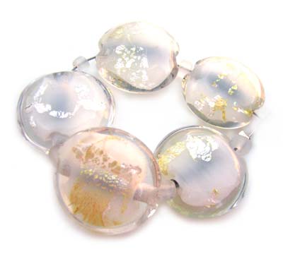 Sold - Artisan Glass Lampwork Beads ~ White with Foil ~ Encased Lentil Set ~ Ian Williams