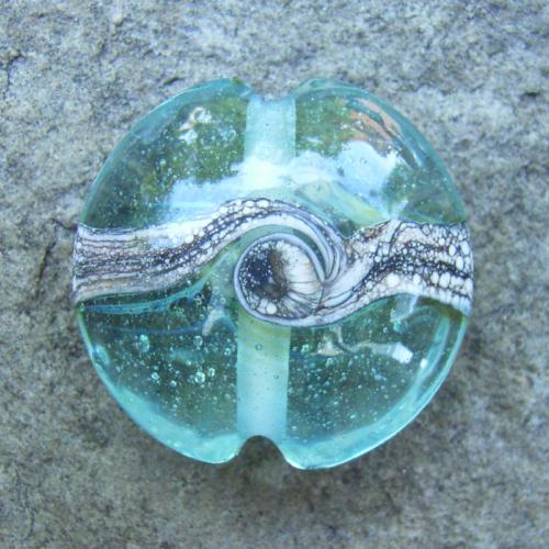 Silvered Ivory Swirl Aqua 18mm Lentil Handmade Artisan Glass Lampwork Beads - By the Bead, (Made to Order)