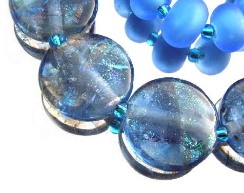 Dichroic - Blue with Goldstone ribbons - 22x8mm Coins - Ian Williams Artisan Glass Lampwork Beads