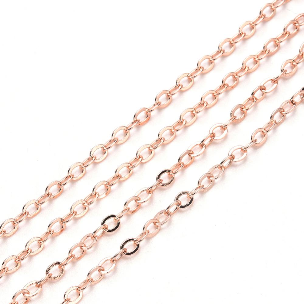 Brass Cable Necklace Chain Flattened Oval Link, Closed Link Soldered, Rose Gold x10m