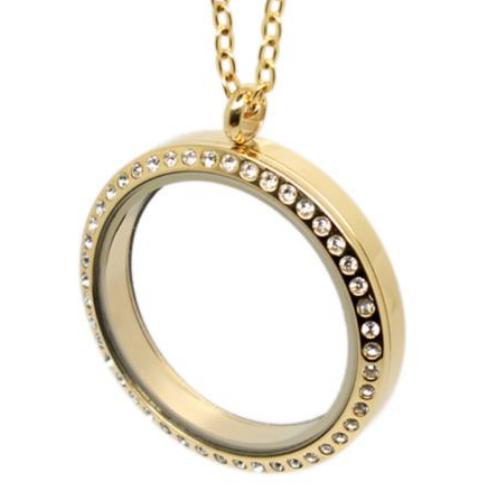 Stainless Steel 316L, Gold Floating Living Locket, w/Crystals 30mm Magnetic Pendant, (& chain)