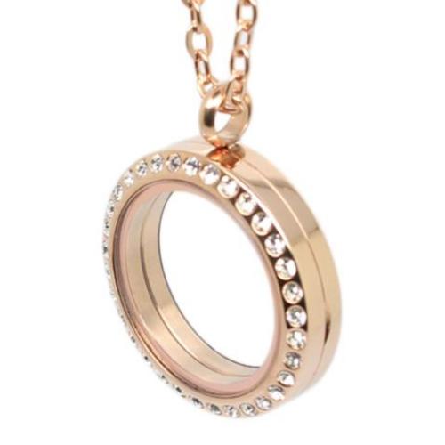 Stainless Steel 316L, Rose Gold Floating Living Locket, w/Crystals 30mm Magnetic Pendant, (& chain)