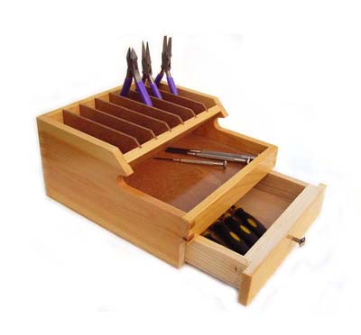Wooden Unit with Rack for Pliers and Drawers for Storing Jewellery Tools
