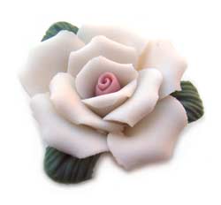 Handmade Sculpted Porcelain Rose & Leaf Beads - White & Pink Focal 25mm