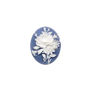 Cameo Cabochon - Acrylic 18x13mm Oval Dahlias - White on Blue x1