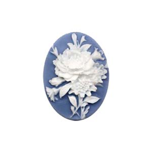 Cameo Cabochon - Acrylic 25x18mm Oval Dahlias - White on Blue x1
