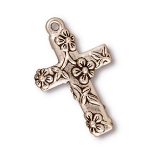 TierraCast Pewter Silver Plated 27mm Floral Cross Pendant x1