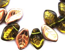 Czech Leaf Beads 14x9mm Copper Olivine Bead x1