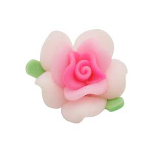 Handmade Sculpted Fimo Rose & Leaf Beads - Deep Pink Blush x2