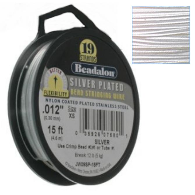 Beadalon Stringing Wire 19 Strands .012 (.30mm) 15 ft/4.6m Fine Silver Plated