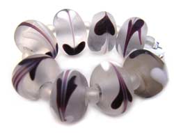 SOLD - Artisan Glass Lampwork Beads ~ Black & White Frosted Hearts Feathered Set - Ian Williams