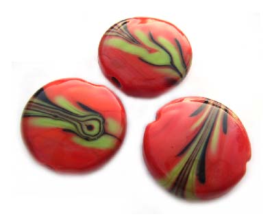 Lime and Black Wreath on Coral 22x8mm Button - Ian Williams Handmade Artisan Glass Lampwork Beads - By the Bead