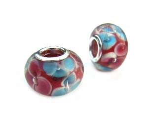 Sterling Silver Core Bead 15x11mm - 5mm Hole Encased Floral Glass Lampwork Rondelle x1