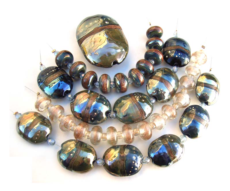 Gilded Scarab  - Ian Williams Artisan Glass Lampwork Beads with Focal Pendant (36 beads)