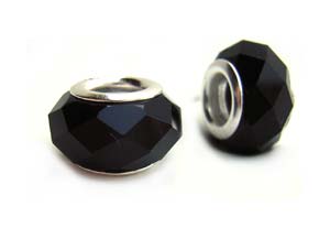 Sterling Silver Core Bead 12x7mm - 4.5mm Hole Jet Black Faceted Glass Rondelle x1