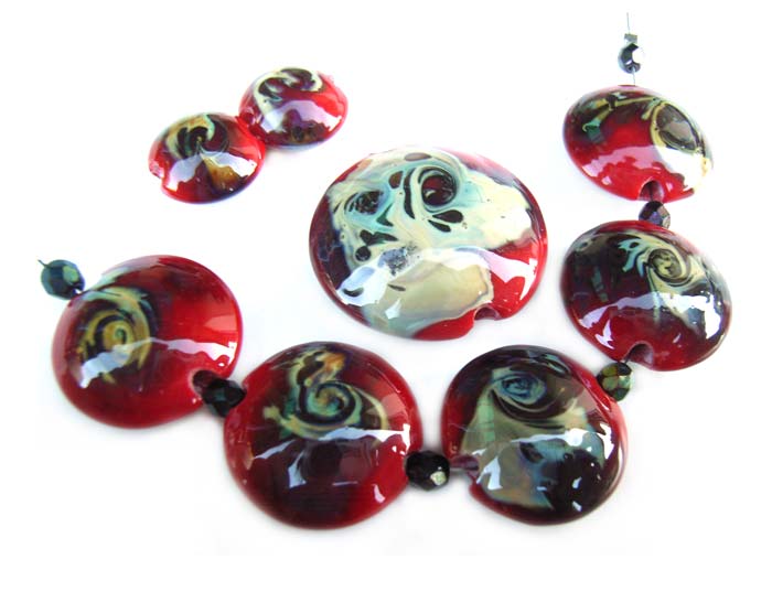 Marbled Raku on Red Lentils - Ian Williams Artisan Glass Lampwork Beads