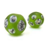 Silvered Ivory Dots on Green - 16mm Sphere Handmade Artisan Glass Lampwork Beads - x1