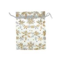Organza Drawstring Pouches ~ Gold Snowflake on White (4.5x3.5) 115x90mm x10pc