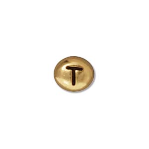 TierraCast Alphabet Beads  7x6mm Oval Antique Gold Plated Letter T