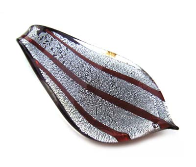 Venetian Style Leaf Drop - Foil Lampwork Glass Pendant ~ Silver Foil & Red Stripes