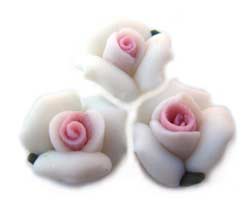 Handmade Sculpted Porcelain Rose & Leaf Beads - 9-10mm White & Pink x2