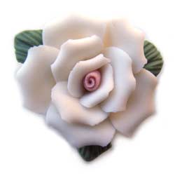 Handmade Sculpted Porcelain Rose & Leaf Beads - White & Pink Focal 25mm